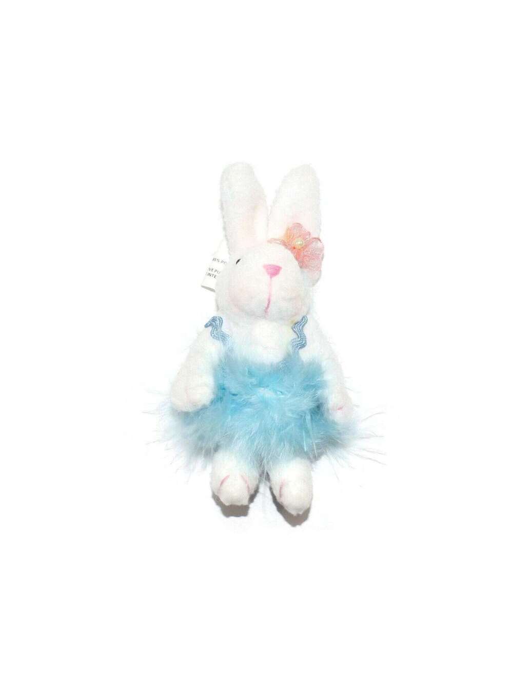 Vintage Avon 5" Stuffed White Bunny with Blue Dress Brooch. Easter Bunny Brooch.